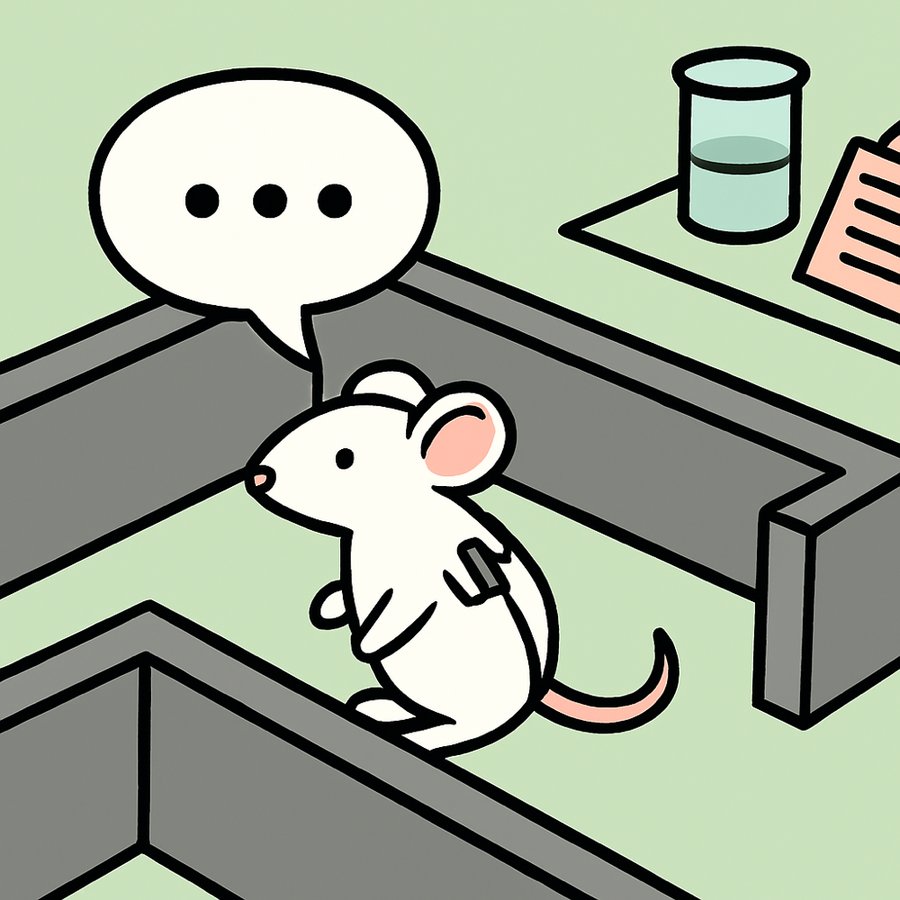 A white lab mouse standing in a research lab, saying nothing but a wordless ellipsis in a speech bubble