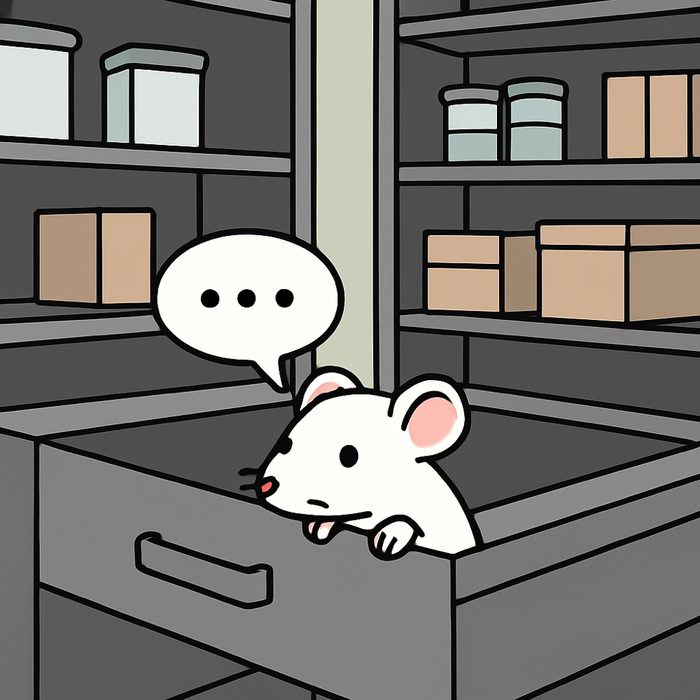 The lab mouse peeking out of a supply drawer, saying nothing